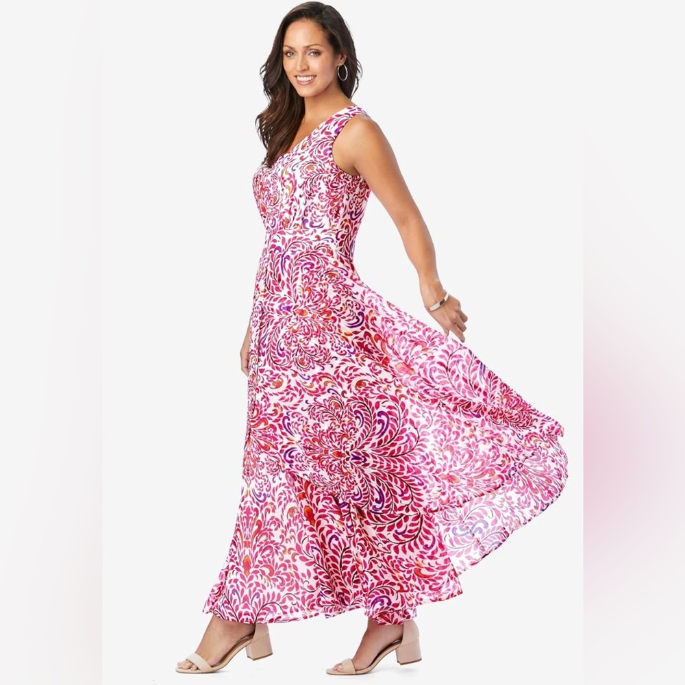 Jessica London Women's Plus Size Georgette Flyaway Pink Floral Maxi Dress 18W - Picture 3 of 12